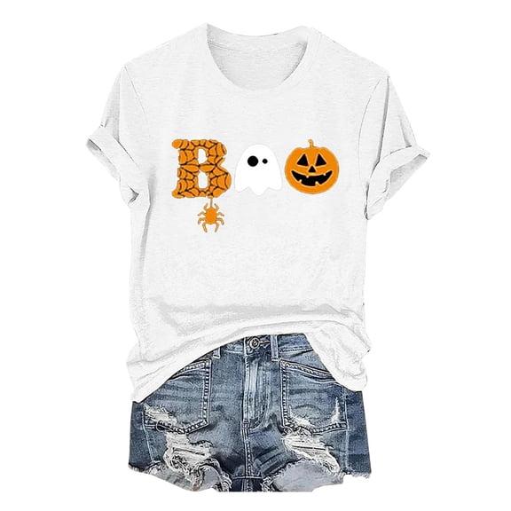 HCURIBAD Shirts for Women, Womens Halloween Pumpkin Print T-Shirt Casual Round Neck Top, Womens Graphic Tees, Halloween Shirts for Women 1PC Top White L