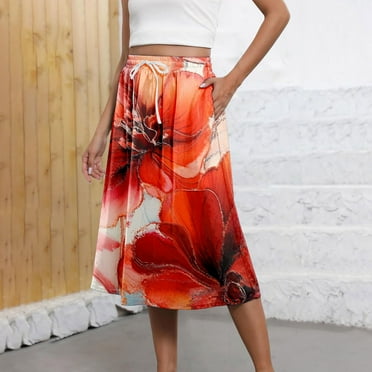Clearance! HCURIBAD Women's Boho Summer Floral Print Lightweight Drawstring High Waist Midi Skirt with Pockets Floral Skirt, Skirts for Women Flowy Skirt Womens Skirts Red 2XL