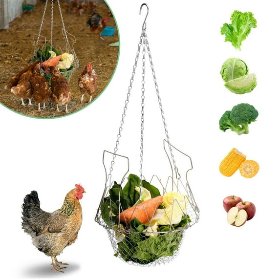 Clearance! Haidf Hanging Chicken Feeder, Foldable Chicken Vegetable Fruits Feeder with Hanging Chain, Poultry Feeding Holder Basket for Chicken Coop, Poultry Treat Feeding Tool, 9 Inch