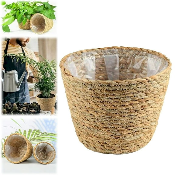 Clearance! Haidf Seagrass Planter Basket, Natural Stylish Plant Basket with Plastic Lining, Wicker Planter for Indoor Outdoor Plant Pots Flower Pots Cover and Room Decor, Woven Plant Basket, 10.4in