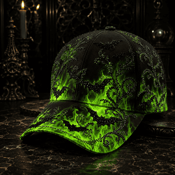 Clearance! Halloween Baseball Cap for Women Men, Gothic Green Flame Bat Hat, Adjustable Curved Brim Sparkle Cap, Spooky Halloween Party Costume Accessory