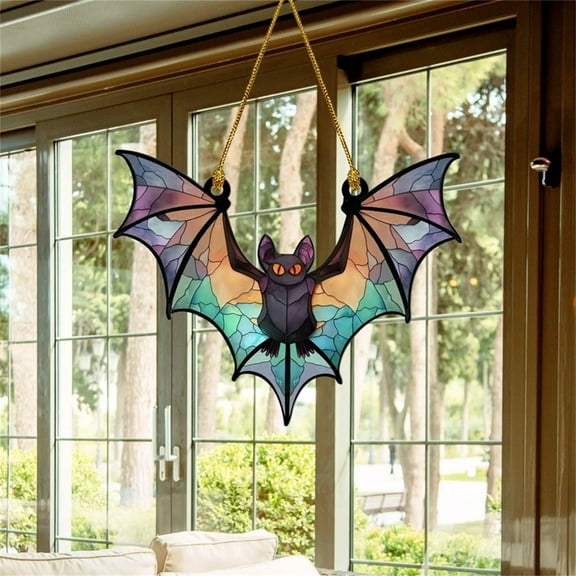 Clearance! Halloween Bat Stained Glass Suncatcher Window Hanging Acrylic Wall Art Suncatcher Decoration Festival Colorful Bat Home House Venue Arrangement Props 1pc 6.7*5.9*0.8 in D