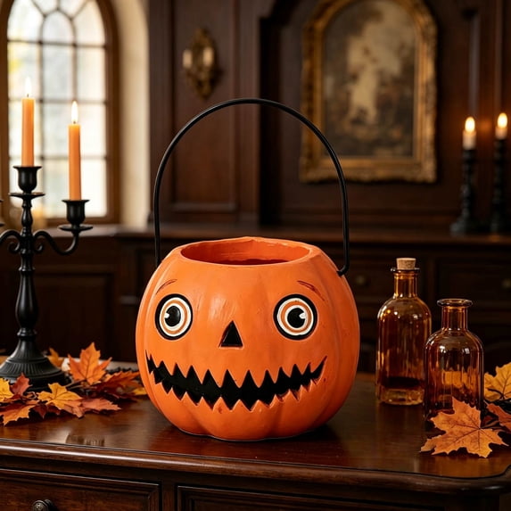 Clearance Halloween Candy Bucket, Resin Skeleton Pumpkin Pails with Handles, Vintage Mini Treat Bowls for Fall Table Mantel Party Decor