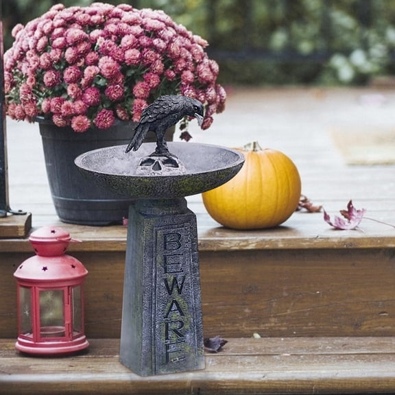 Halloween Crow Skeleton Resin Ornament,Crow Beware Bird Bath,Resin Skull Bird Feeder,Halloween Horror Decor,Tombstones Figurine Set,Party Decorations for Yard,Patio,Haunted House