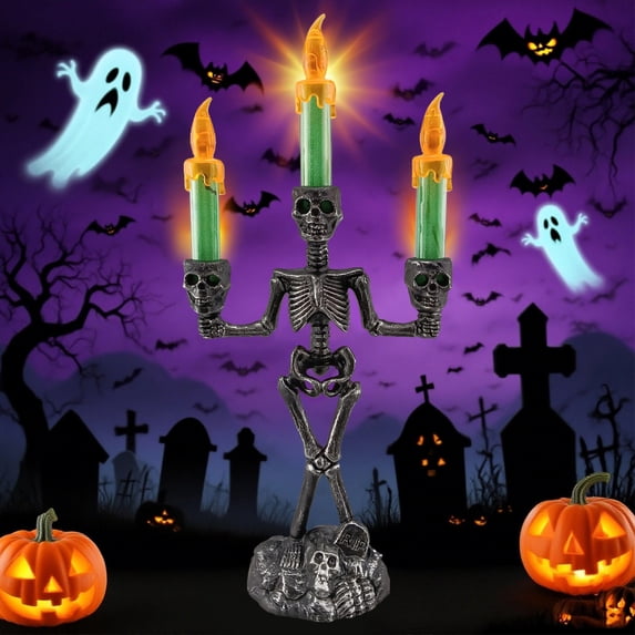 Clearance Halloween Decor Under $8 Halloween Skeleton Candelabra Decorations LED Light Up Candle Holder With Flashing Colored Theme For Home Tabletop,1PC
