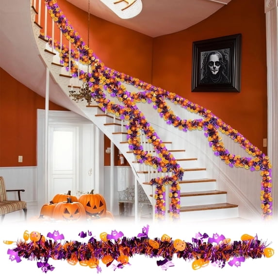 Clearance Halloween Decor Under $2 Funny Pumpkin Bats Shiny Foil Garland Hanging Holiday Decorations For Home Indoor Outdoor Festivities Decor,1PC