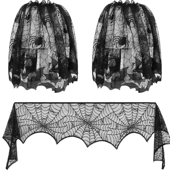 Halloween Decorations Indoor Fireplace Mantel Scarf,Black Lace Spiderweb Fireplace Mantle Cover,2Pcs Halloween Spiderweb Lampshade Cloth,or Halloween Decor Festive Party Supplies