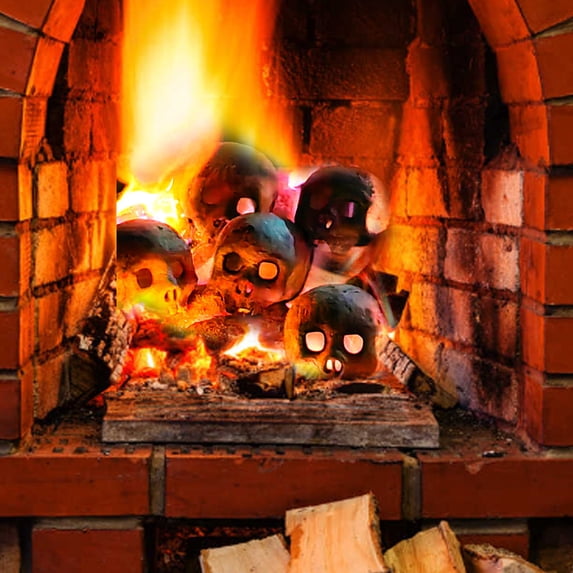Halloween Decorations Indoor Outdoor Fake Human Skull Gas Log Fireplaces Decor 4PCS Terrifying Skull Fire Pit Reusable Skeleton Flame Fireproof Resin,Halloween Skull Shaped Fire Stones