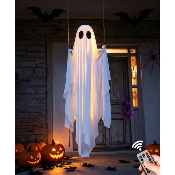 Clearance Halloween Decorations Outdoor - 6.55 FT Large Hanging Swing Ghost Halloween Decor with String Lights, Spooky Cute Ghosts Decorations for Front Porch Yard Tree