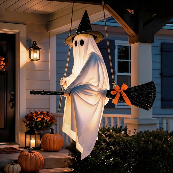 Clearance Halloween Decorations Outdoor, 6FT Large Hanging Swing Ghost Decorations with Remote Control String Lights & Upgraded Sheet, Scary Ghost Halloween Party Decor Outside(A)