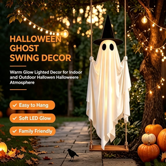 Clearance Halloween Decorations Outdoor， 6FT Large Hanging Swing Ghost Decorations with Remote Control String Lights & Upgraded Sheet, Scary Ghost Halloween Party Decor Outside（D）