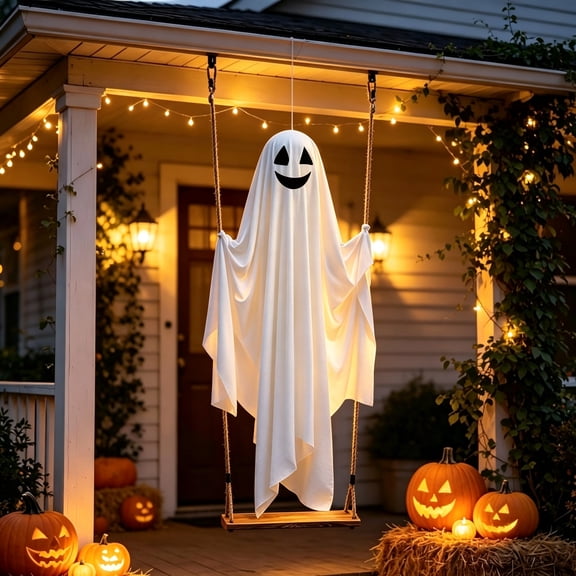 Clearance Halloween Decorations Outdoor, 6FT Large Hanging Swing Ghost with String Lights & Remote Control Large Glowing Hanging Ghost With Led Lights For Halloween Porch Decor Gift