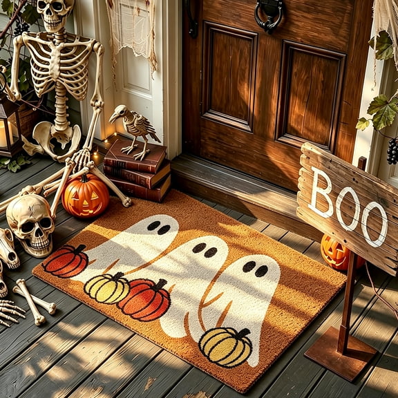 Clearance Halloween Door Mats 16x27.5in- Outdoor Ghost Front Door Mat Natural Coir Non Slip Rug Rubber Linen Cute Spooky Entrance Mat Happy Halloween Decor for Front Porch Outside Decor