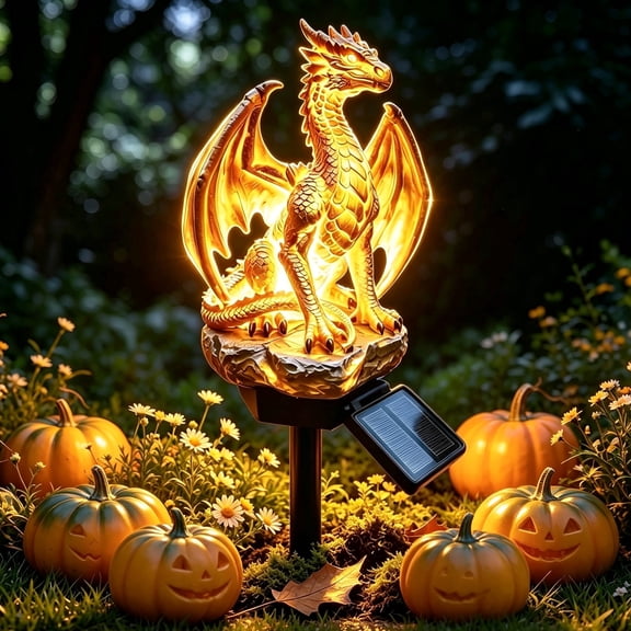 Clearance Halloween Dragon Golden Ember Edition Solar Garden Light - 2026 Upgrade Outdoor Statue Lamp, Gothic Medieval Fantasy Decor for Halloween, Unique Gift for Dragon Lovers, Ornament Patio
