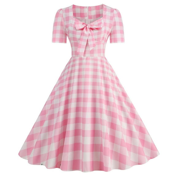 Clearance Halloween Dress! pstuiky Women Hepburn Style Dress Vintage Plaid Print Dress Sleeveless V-Neck Dress Knee-Length Dress Halloween Clothing Dress Halloween Costumes for Party Pink XXL
