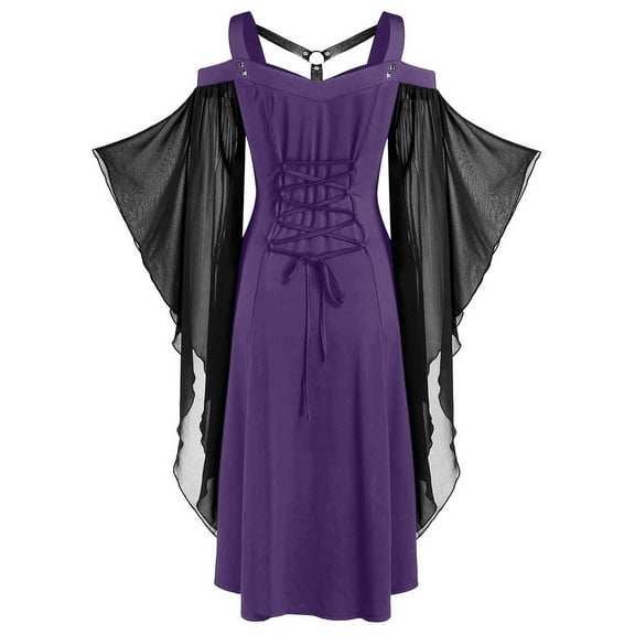 Halloween Dresses for Women,Gothic Dress for Women 2025 Chiffon Mesh Lace Trumpet Sleeves Retro Steampunk Off Shoulder Dress,Womens 2025 Halloween Dresses