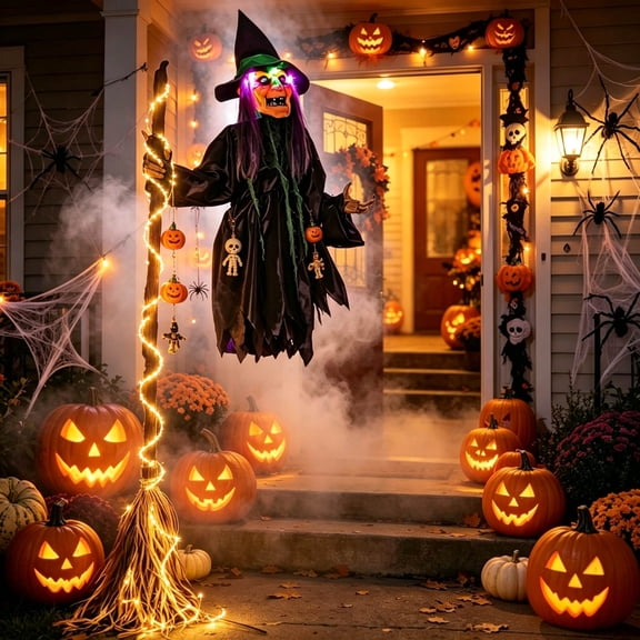 Clearance Halloween Flying Witch Decorations Outdoor - 6 Ft LED Gaint Animated Hovering Witch Prop with Sound & Touch Activated Sensor - Spooky Halloween Decor for Home Garden Yard Lawn