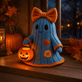 thumbnail image 1 of Clearance Halloween Ghost Figurine, Knitted Look Resin Ghost with Bow and Glowing Pumpkin Bucket, Vintage Tabletop Decor for Mantel Shelf Party Home, 1 of 6