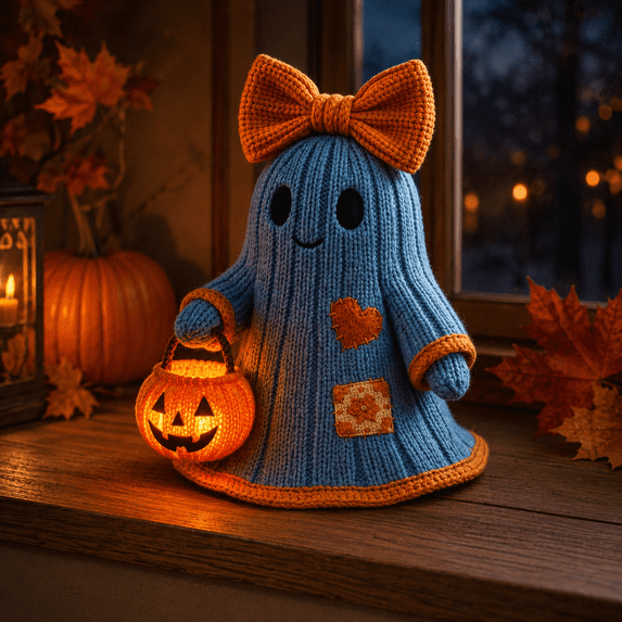 Clearance Halloween Ghost Figurine, Knitted Look Resin Ghost with Bow and Glowing Pumpkin Bucket, Vintage Tabletop Decor for Mantel Shelf Party Home