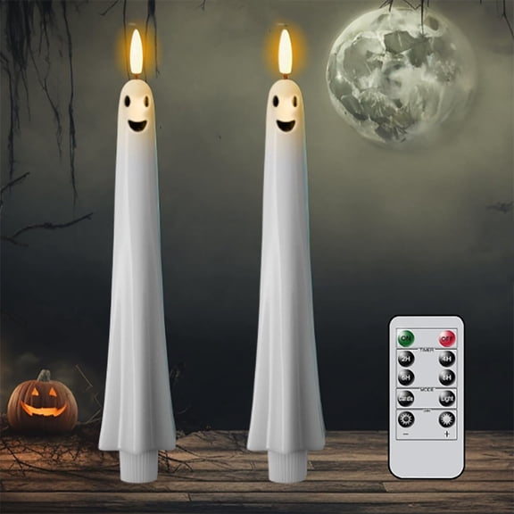 Clearance Halloween Ghost Flameless Candles with Remote Control, Cute Battery Operated White LED Flickering Pillar Candles, Hand Painted Looking Dinner Halloween Decorations Gift (2 Pack - Happy)