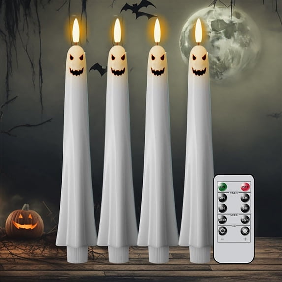 Clearance Halloween Ghost Flameless Candles with Remote Control, Cute Battery Operated White LED Flickering Pillar Candles, Hand Painted Looking Dinner Halloween Decorations Gift (4 Pack - Spooky)