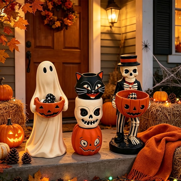 Clearance Halloween Gifts Skeleton Halloween Decor with Pumpkin Candy Bowl – Dapper Top Hat Figurine, Resin Trick or Treat Holder for Halloween Party Supplies & Indoor Tabletop Centerpiece