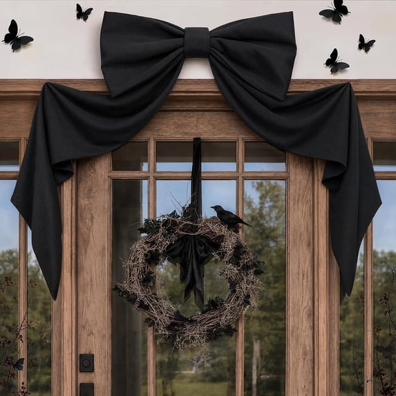 Clearance Halloween Hanging Black Bow Decor - 42"x26" Giant Black Bow for Front Door Wall Mantle, Large Bow for Home Decor, Halloween Decorations for Indoor Room Party, Christmas Tree Topper Bows