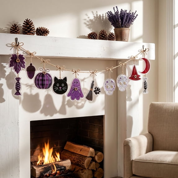 Clearance Halloween Hanging Decor Garland, Pumpkin Ghost Black Cat Witch Hat Decorations with Jute Rope, Spooky Party Mantel Door Window Wall Decoration