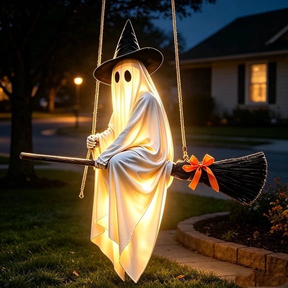 Clearance Halloween Light-Up Ghost Decorations Outdoor - 6 FT Gaint Hanging Swing Ghost Halloween Decor with Broomstick & Witch Hat, Spooky Cute Ghosts Decorations for Front Porch Yard Tree