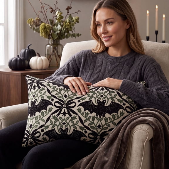 Clearance!Halloween Lumbar Pillow Cover 50x30 cm, Gothic Bat Vine Damask Print Rectangular Throw Cushion for Sofa Bed