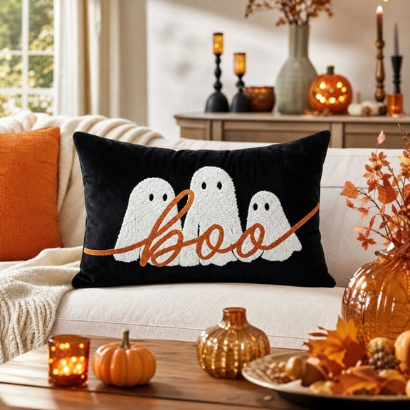 Clearance!Halloween Lumbar Throw Pillow Cover 50x30 cm Tufted Ghost Boo Decorative Cushion for Couch Fall Decor