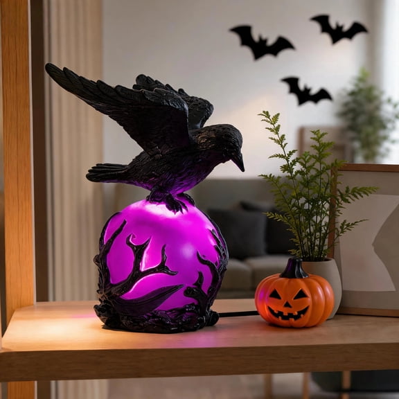Clearance! Halloween Night Light, Gothic Dark Raven Lamp Halloween Decorations, Indoor Fake Crow Light, Resin Black Bird Statue for Living Room Fireplace Entrance,Holiday Spooky Ornaments