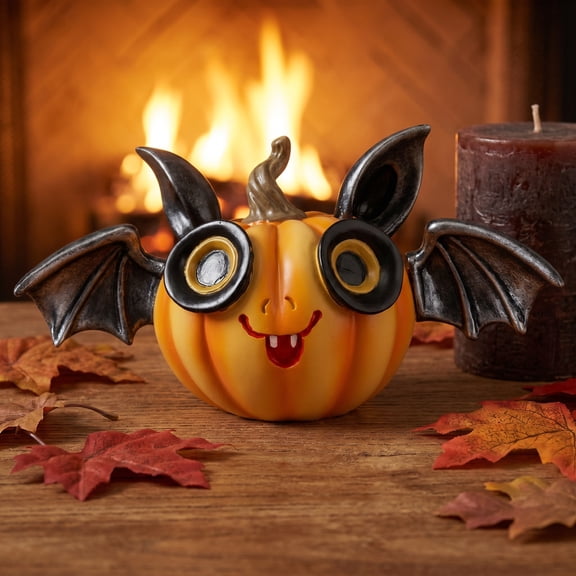 Clearance! Halloween Pumpkin Bat Figurine, Resin Pumpkin Statue with Bat Wings & Big Eyes, Cute Halloween Tabletop Decoration for Home Garden Party Yard Decor