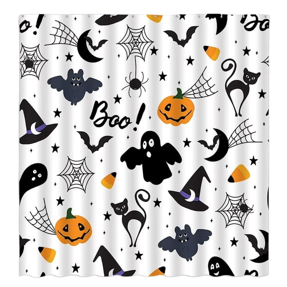Clearance! Halloween Shower Curtain, Pumpkin Bat Moon And Witch Hat Design, Gothic Bathroom Curtain With Hooks