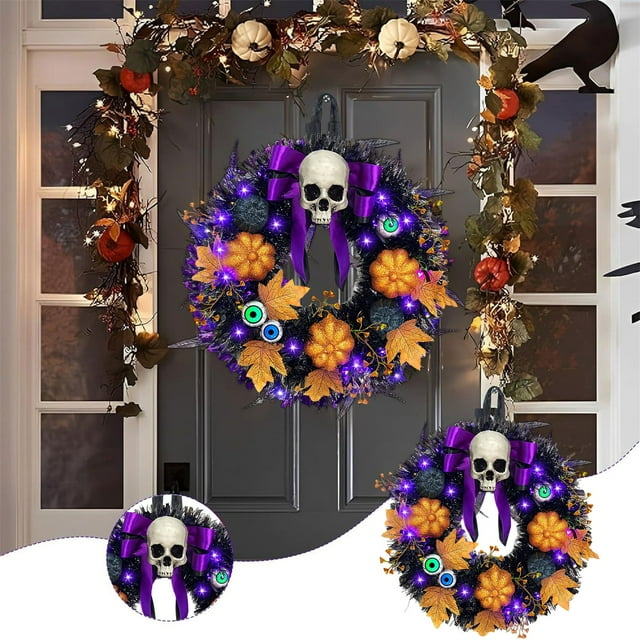 Clearance!!!Halloween Skeleton Head Wreath Signs For Front Door With