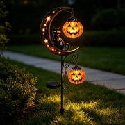 Clearance Halloween Solar Black Cat & Pumpkin Moon Garden Stake Light, Outdoor Waterproof LED Yard Decoration with Crescent Moon, Hanging Jack-o-Lantern Lantern for Garden, Patio, Walkway, Porch