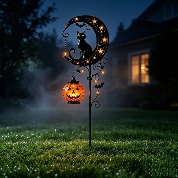 Clearance Halloween Solar Pumpkin Moon Garden Stake Light, Waterproof Solar Black Cat on Crescent Moon with Hanging Pumpkin Lantern, Outdoor Halloween Yard Decor for Garden, Patio, Lawn, Pathway (B)