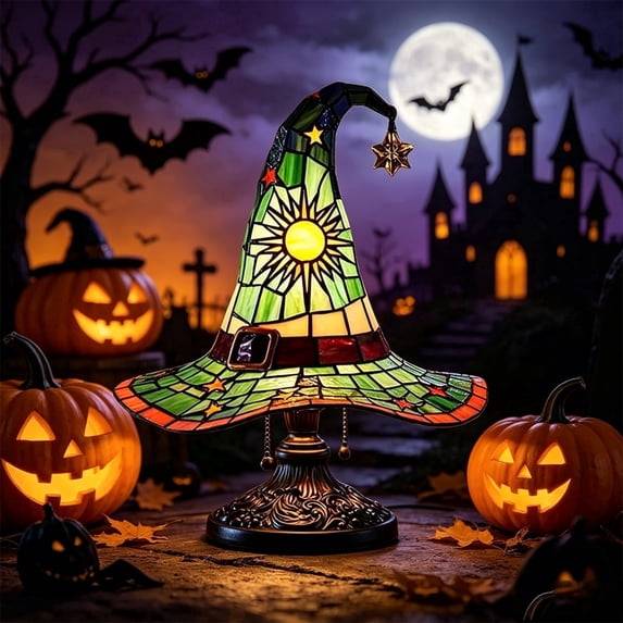 Clearance Halloween Table Lamp Decorations, Witch Hat Lamp Gifts - Handcrafted Retro Resin Witch Lamp, USB Powered Gothic Wizard Hats Night Light, Home Decor Accent Lamps for Bedroom
