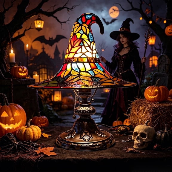 Clearance Halloween Table Lamp Decorations, Witch Hat Lamp Gifts - Handcrafted Retro Resin Witch Lamp, USB Powered Gothic Wizard Hats Night Light, Home Decor Accent Lamps for Bedroom