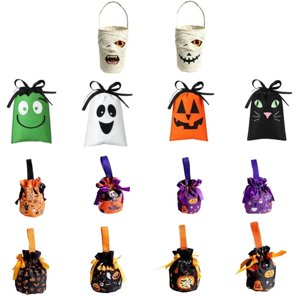 Clearance! Halloween Trick or Treat Bags, 7 Inch Drawstring Halloween Goody Bags for Kids, Pumpkin Ghost Candy Bucket Alternative for Holiday Party Favors (A)