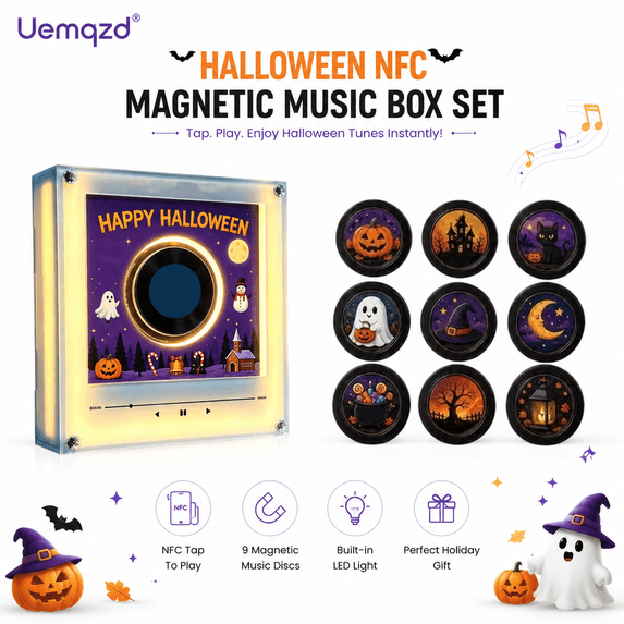 Clearance!Halloween Vinyl Player Fridge Record NFC Magnetic Music Box Set, Halloween Decors,1PCS