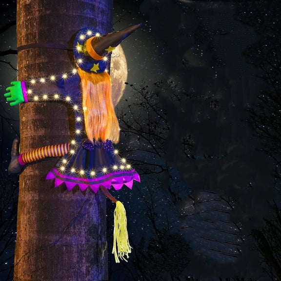 Clearance Halloween Witch Crashing into Tree Decor, Lighted Flying Witch witn LED Light, Halloween Decoration Outdoor for Tree Yard Patio Porch Lawn, Halloween Gift for Friends Family (Yellow)