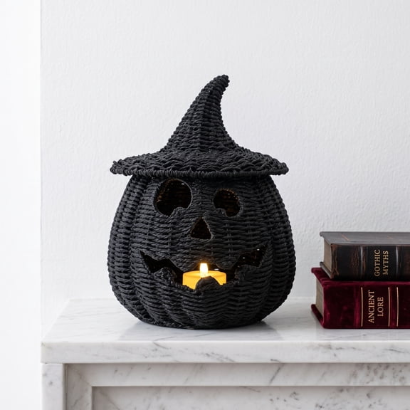 Clearance Halloween Woven Wicker Pumpkin, Halloween Resin Candy Cauldron Bucket, Halloween Decorations Indoor Outdoor, Handcrafted Witch Hat Seagrass Pumpkin for Festive Party (A)