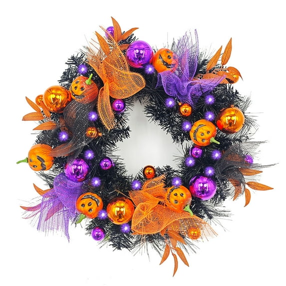 Hvmvliv Halloween Wreath 20 Inch Halloween Wreath With Lights Artificial Spiderweb Pumpkin Wreath Lighted Purple Orange Black Halloween Door Wreath For Front Door (19.68in)
