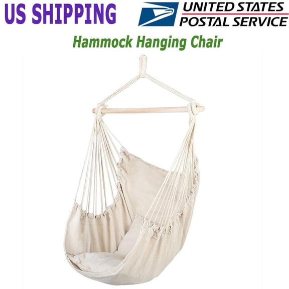 Hammock Chair Hanging Rope Swing, 440 Lbs, 2 Thickening Pillow Bearing. Quality Cotton Weave for Indoor and Outdoor, Beige