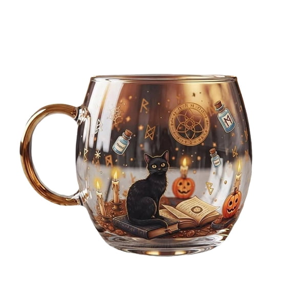 Clearance! HandPainted Glass Coffee Mug, Clear Thick Glass Body, Pumpkin And WinterScene Artwork, Flat Base Decorative Cup For Seasonal Drinks And Home Table Styling