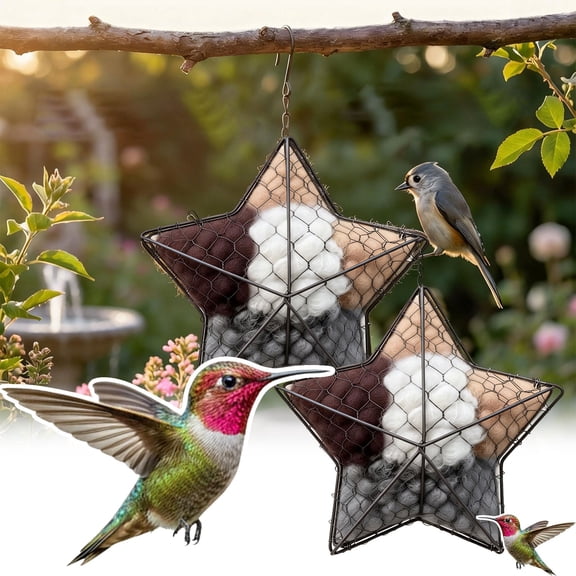 Clearance! Handmade Fiber Bird Nesting Heart, Refillable Birds Haven 1 Pentagram Hummingbird Nesting and 2 Bags of Nest Materials, Winter Fowl Gifts Animal Hummingbirds Lovers Home Garden Yard