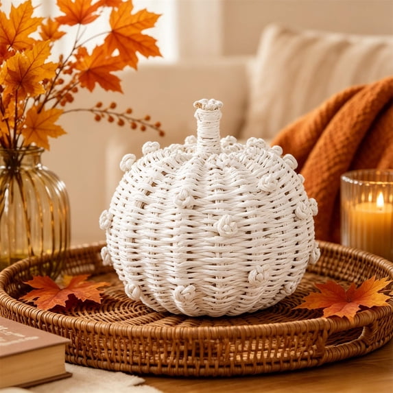 Clearance! Handmade Woven Rattan Pumpkin Decorations, Artificial Faux Pumpkins, Halloween Christmas Thanksgiving Farmhouse Fall Home Table Tray Decorations, White