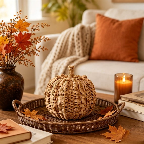 Clearance! Handmade Woven Rattan Pumpkin Decorations, Artificial Faux Pumpkins, Halloween Christmas Thanksgiving Farmhouse Fall Home Table Tray Decorations, Yellow