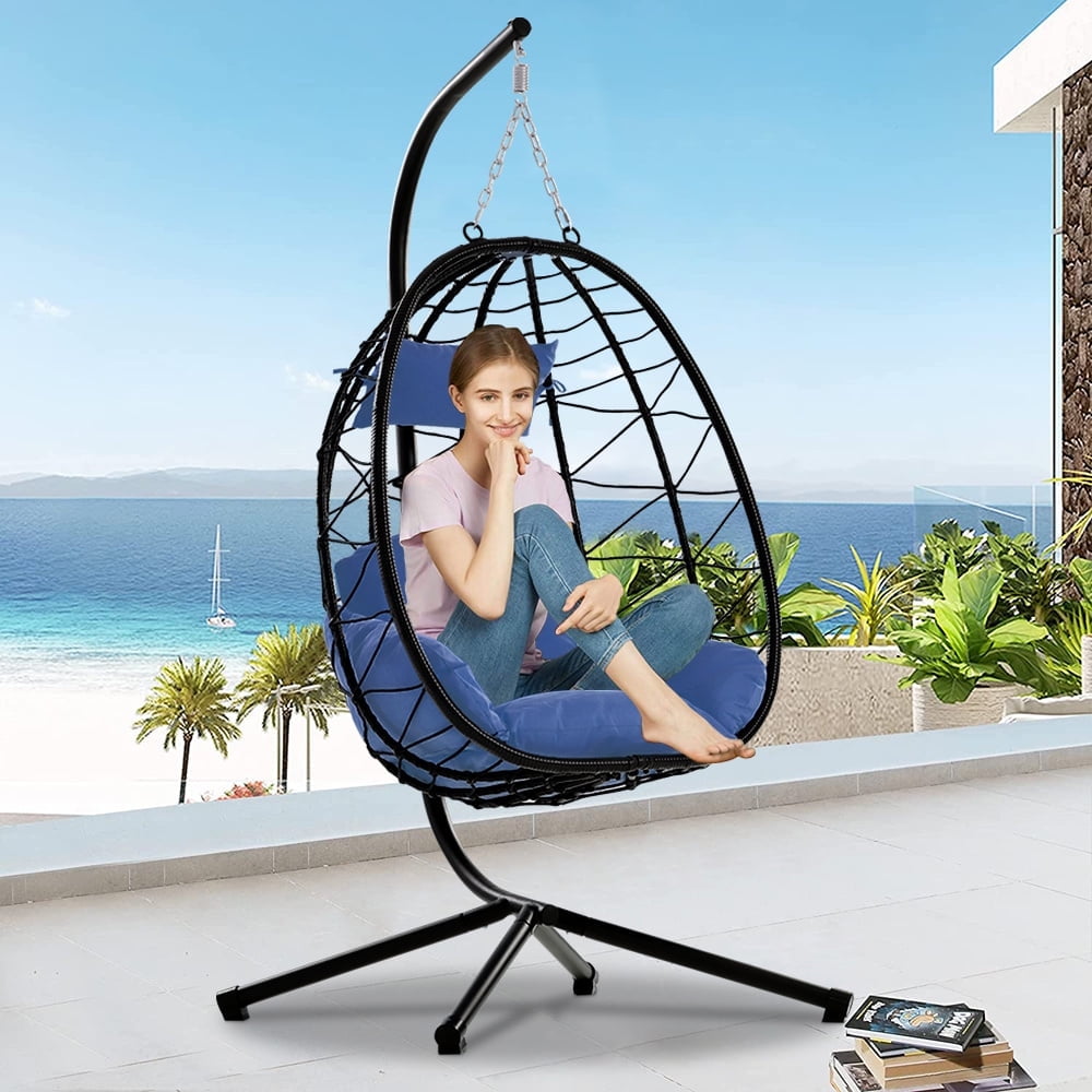 UV Resistant Wicker Hanging Egg Chair with Stand and Navy Blue Cushion Indoor Outdoor L3952 Walmart